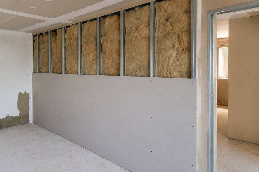 Uma parede de pladur ainda em construção na reforma de uma casa