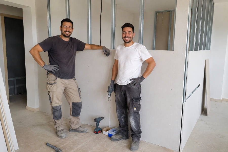 Dois especialistas em pladur posam em frente a uma divisória durante a remodelação de um espaço comercial