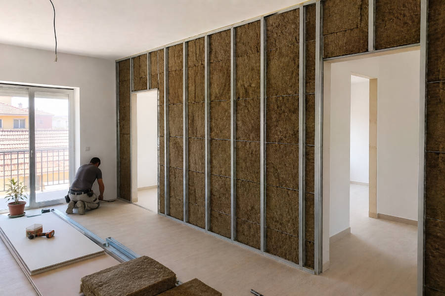 Um especialista em pladur trabalha na insonorização de um apartamento com placas de pladur e lã de rocha