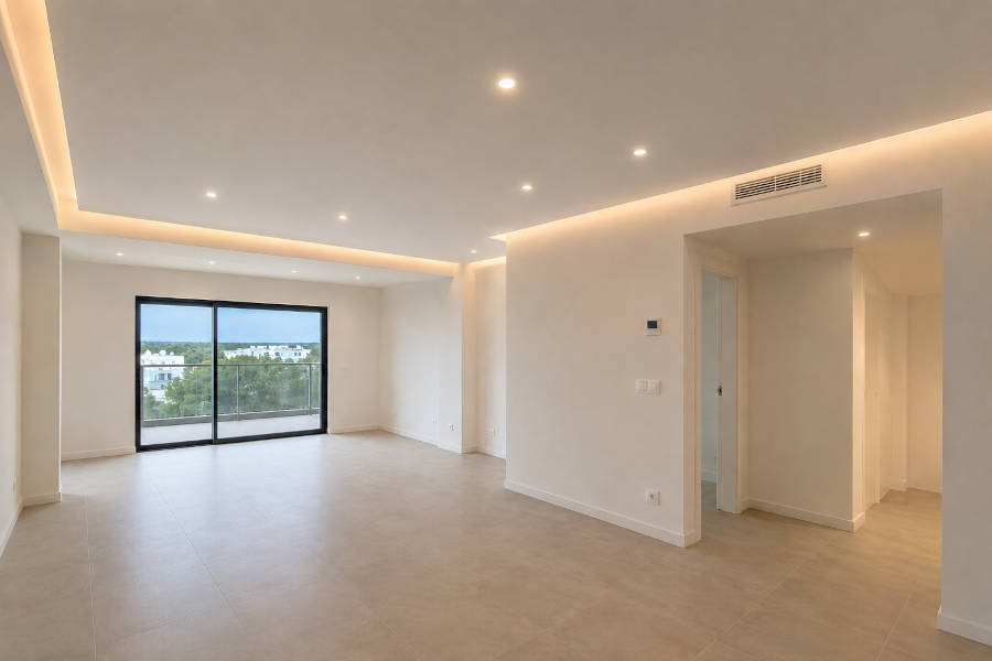 Sala de estar de um apartamento que acabou de ser remodelado com placas de pladur