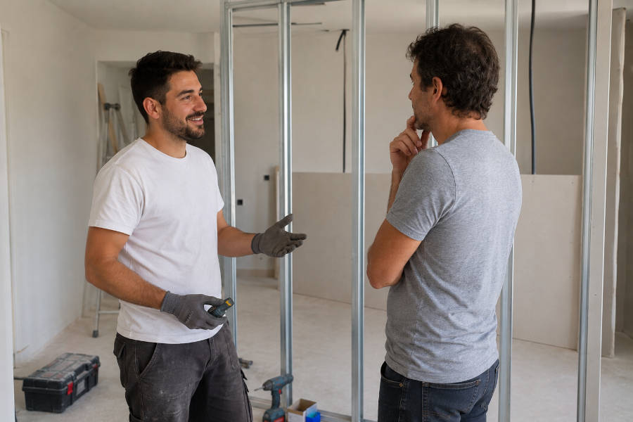 Um técnico instalador de pladur aconselha um cliente durante a remodelação do seu apartamento