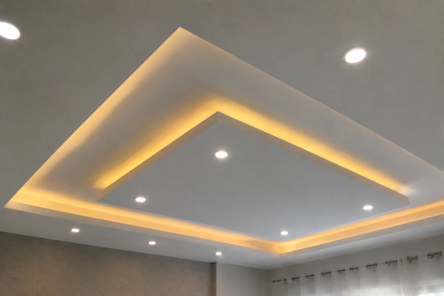 Teto falso em pladur, com um design moderno e iluminação